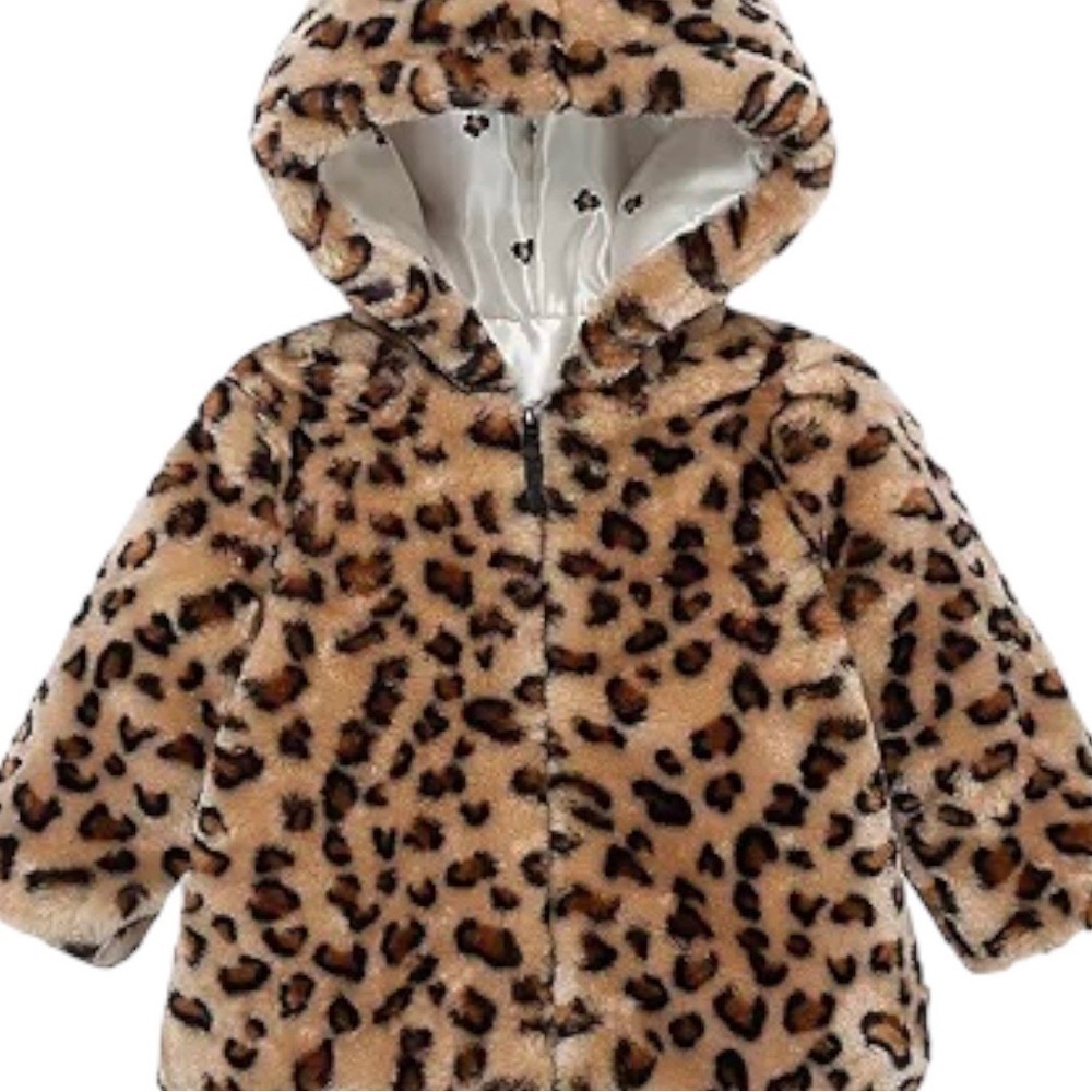 New Little Me Leopard Print Faux Fur Jacket Hoodie Coat Warm Baby Girl Size 18 M